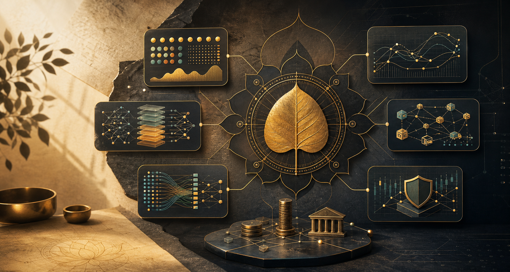 Bodhi-leaf inspired technical visualization of Nirvan Labs work across AI evaluation, data pipelines, forecasting, supply chain, and BFSI systems